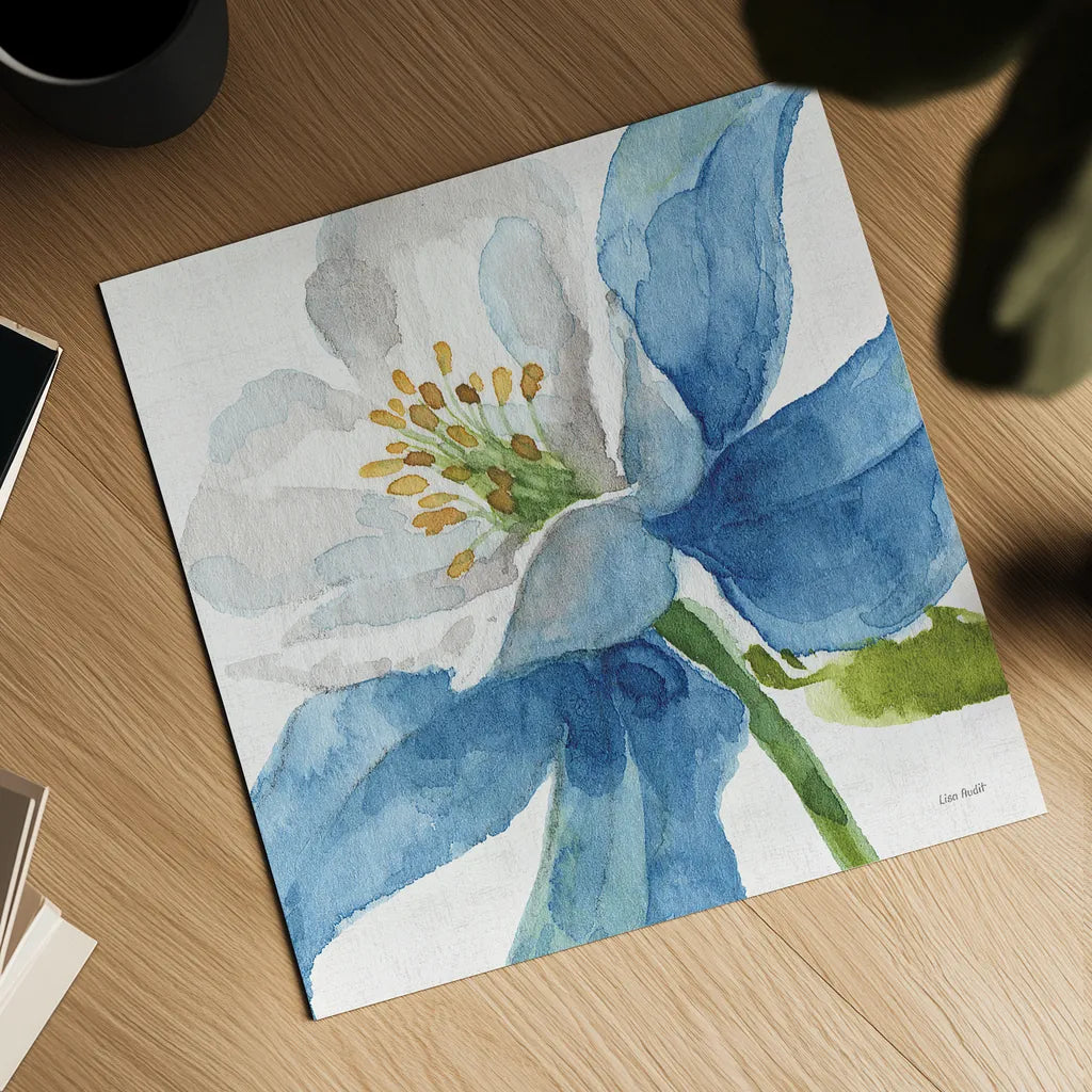 Blue and Green Garden VI by Lisa Audit. Shown as a detailed flat fine art print, highlighting archival giclee quality. Available as an archival giclee rolled canvas, fine art paper, or poster print. SKU 34789a.