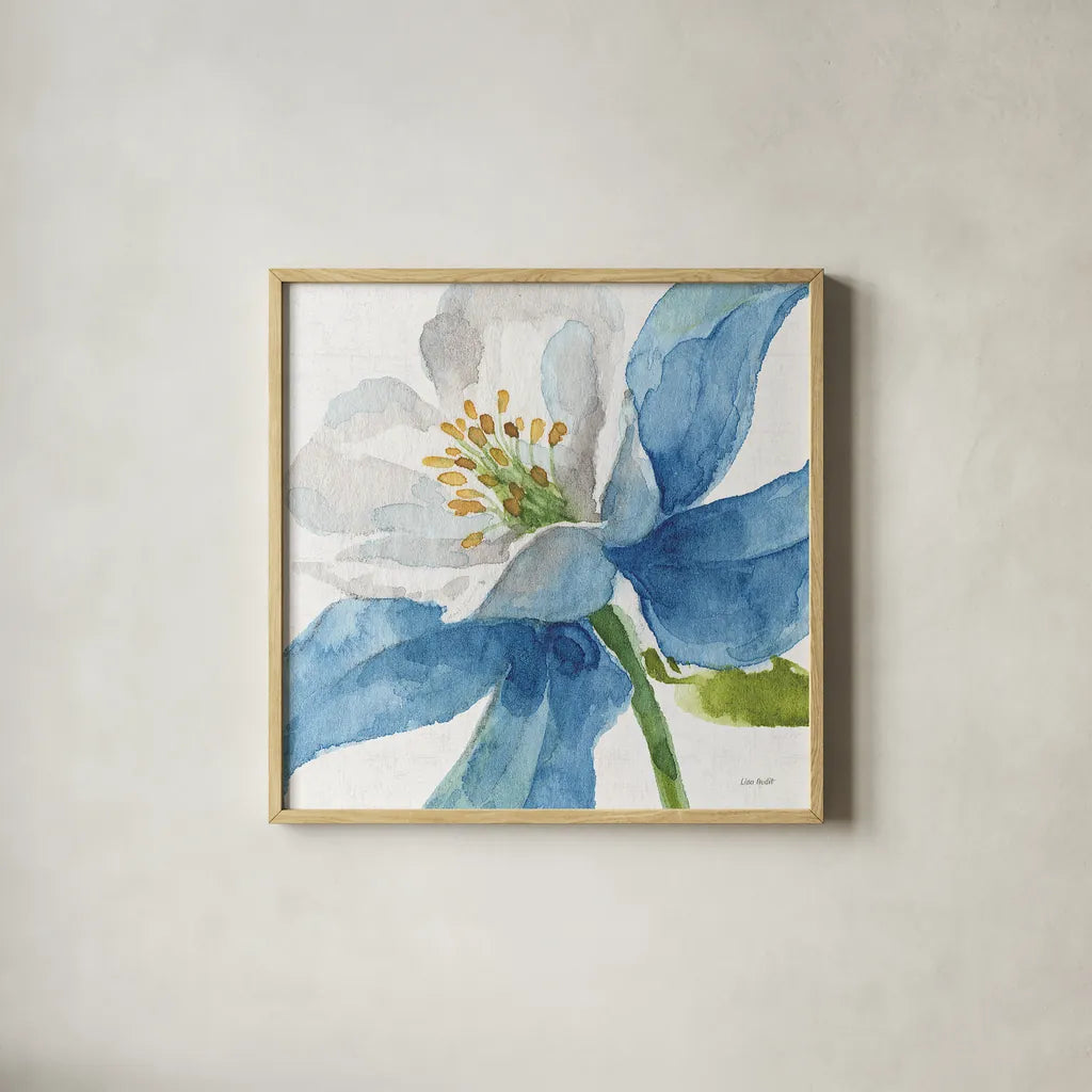 Blue and Green Garden VI by Lisa Audit. Shown in a natural wood glass frame for a timeless modern aesthetic. Available as an archival giclee rolled canvas, fine art paper, or poster print. SKU 34789a.