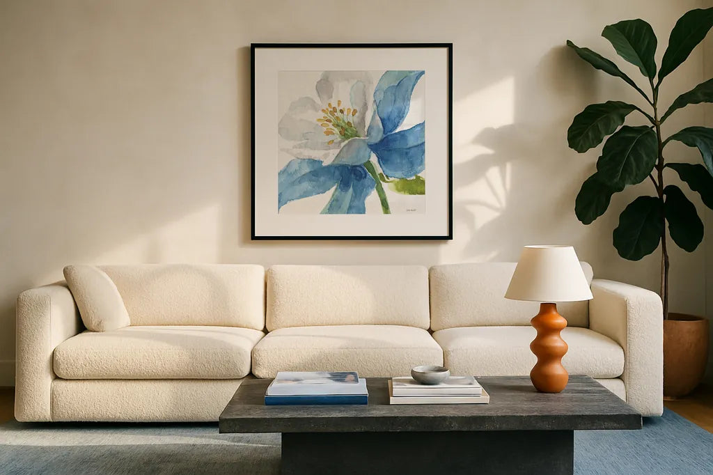 Blue and Green Garden VI by Lisa Audit. Displayed in a glass frame with matte in a clean modern living room. Available as an archival giclee rolled canvas, fine art paper, or poster print. SKU 34789a.