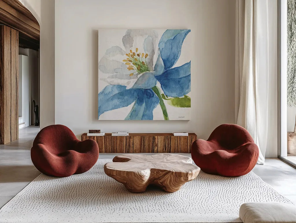 Blue and Green Garden VI by Lisa Audit. Shown as extra-large giant wall art in a modern living room. Available as an archival giclee rolled canvas, fine art paper, or poster print. SKU 34789a.