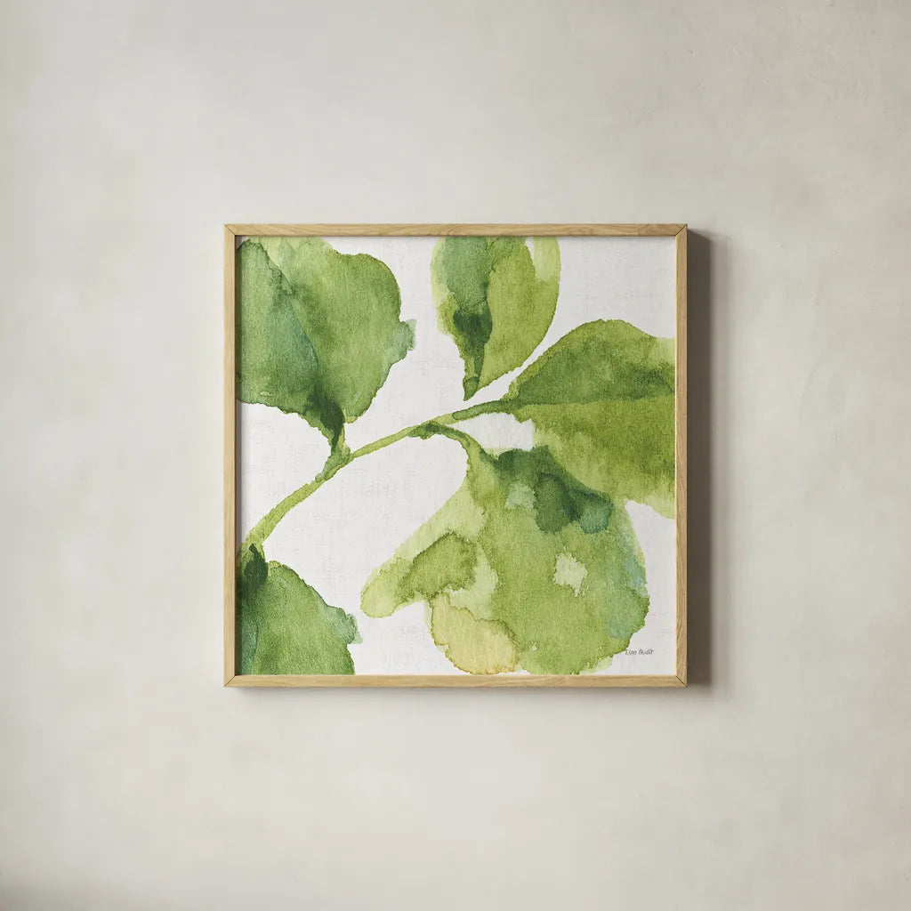 Blue and Green Garden VII by Lisa Audit. Shown in a natural wood glass frame for a timeless modern aesthetic. Available as an archival giclee rolled canvas, fine art paper, or poster print. SKU 34785a.