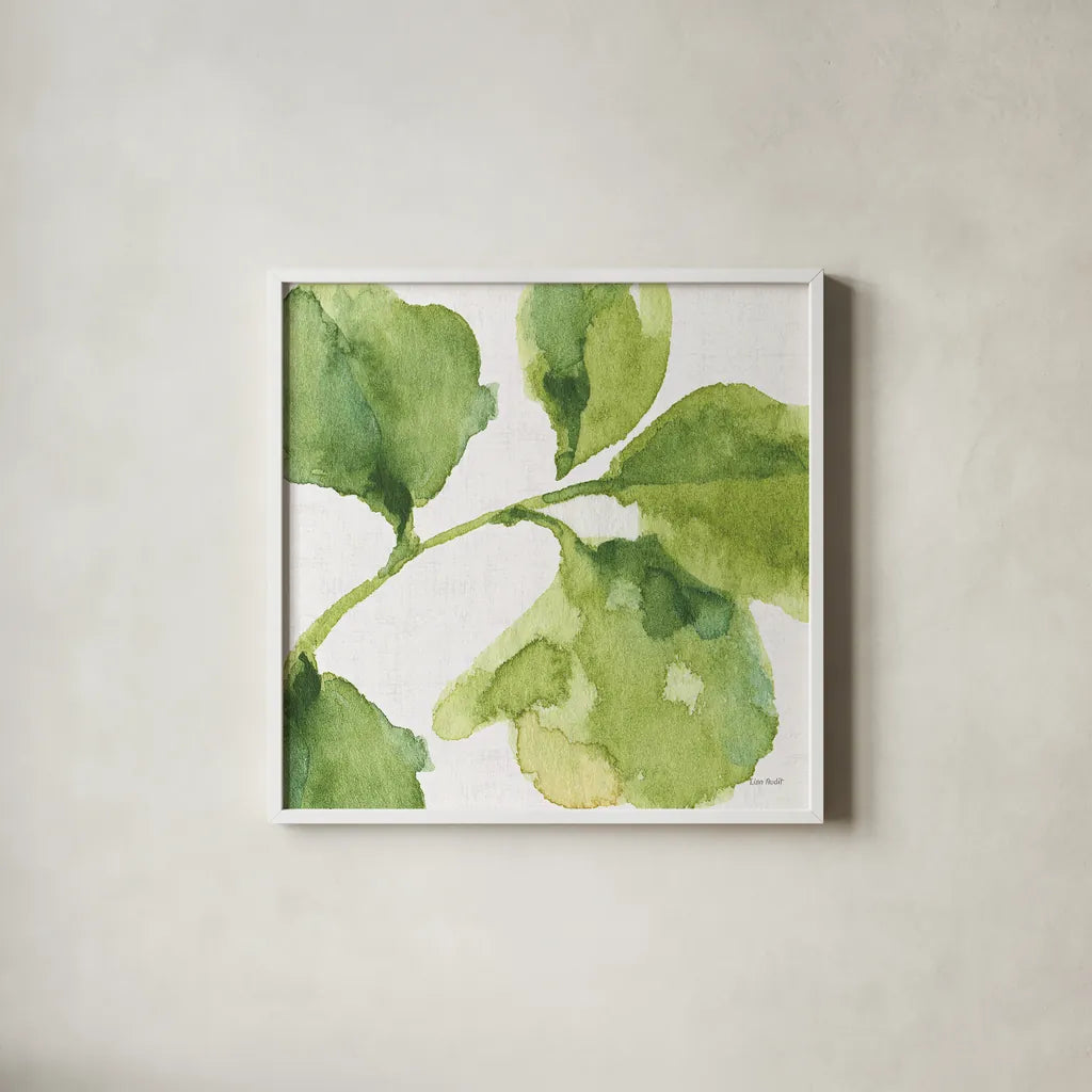 Blue and Green Garden VII by Lisa Audit. Shown in a crisp white glass frame for a clean and minimalist style. Available as an archival giclee rolled canvas, fine art paper, or poster print. SKU 34785a.