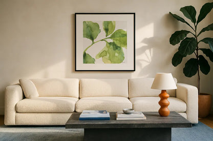 Blue and Green Garden VII by Lisa Audit. Displayed in a glass frame with matte in a clean modern living room. Available as an archival giclee rolled canvas, fine art paper, or poster print. SKU 34785a.