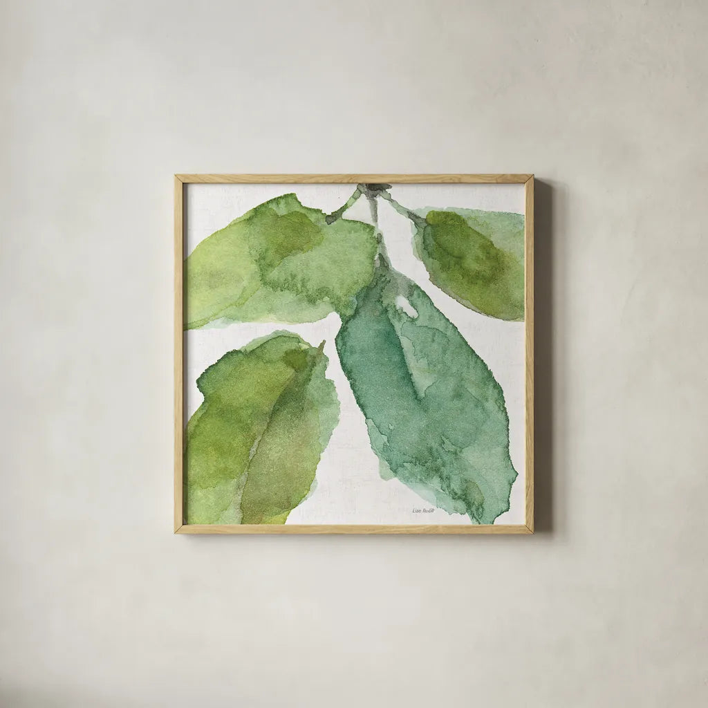 Blue and Green Garden VIII by Lisa Audit. Shown in a natural wood glass frame for a timeless modern aesthetic. Available as an archival giclee rolled canvas, fine art paper, or poster print. SKU 34787a.