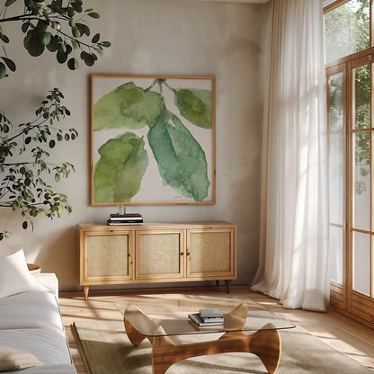 Blue and Green Garden VIII by Lisa Audit. Shown in a natural wood frame in a cozy modern living room. Available as an archival giclee rolled canvas, fine art paper, or poster print. SKU 34787a.