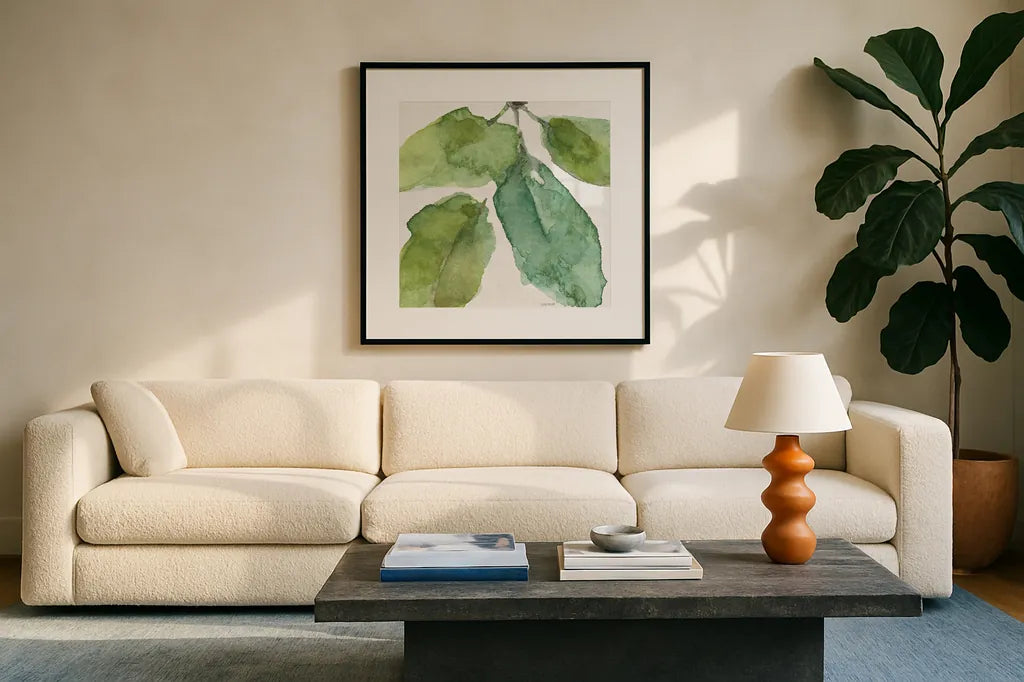 Blue and Green Garden VIII by Lisa Audit. Displayed in a glass frame with matte in a clean modern living room. Available as an archival giclee rolled canvas, fine art paper, or poster print. SKU 34787a.