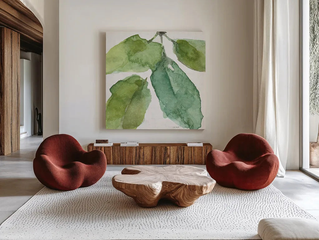 Blue and Green Garden VIII by Lisa Audit. Shown as extra-large giant wall art in a modern living room. Available as an archival giclee rolled canvas, fine art paper, or poster print. SKU 34787a.