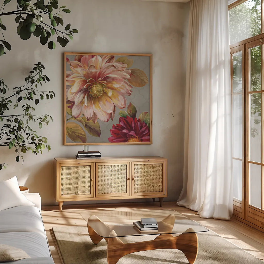 Classically Beautiful III by Lisa Audit. Shown in a natural wood frame in a cozy modern living room. Available as an archival giclee rolled canvas, fine art paper, or poster print. SKU 14840a.