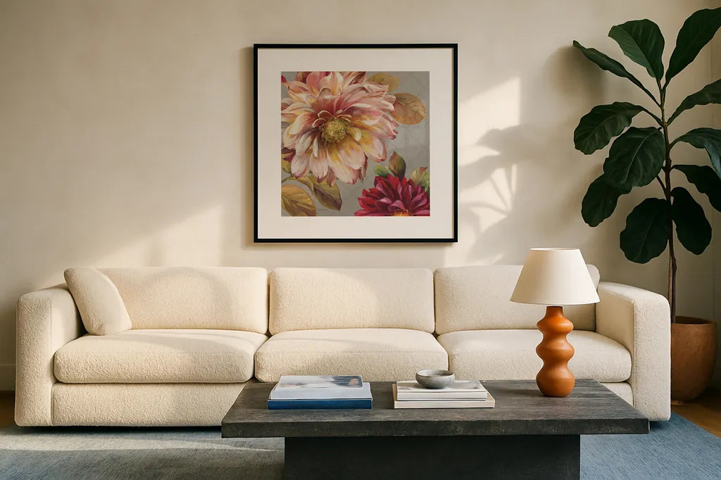 Classically Beautiful III by Lisa Audit. Displayed in a glass frame with matte in a clean modern living room. Available as an archival giclee rolled canvas, fine art paper, or poster print. SKU 14840a.