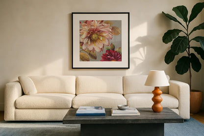 Classically Beautiful III by Lisa Audit. Displayed in a glass frame with matte in a clean modern living room. Available as an archival giclee rolled canvas, fine art paper, or poster print. SKU 14840a.