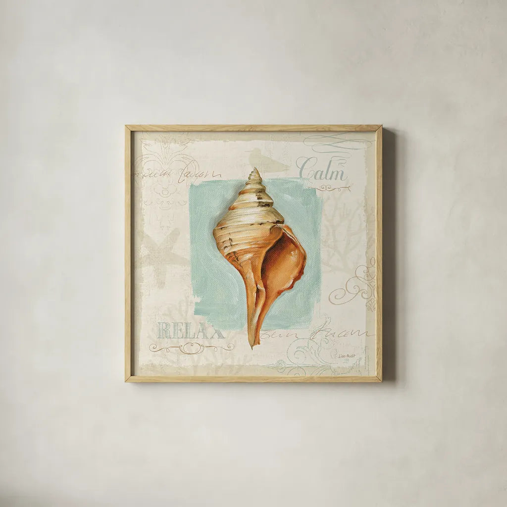 Coastal Jewels I by Lisa Audit. Shown in a natural wood glass frame for a timeless modern aesthetic. Available as an archival giclee rolled canvas, fine art paper, or poster print. SKU 15230a.