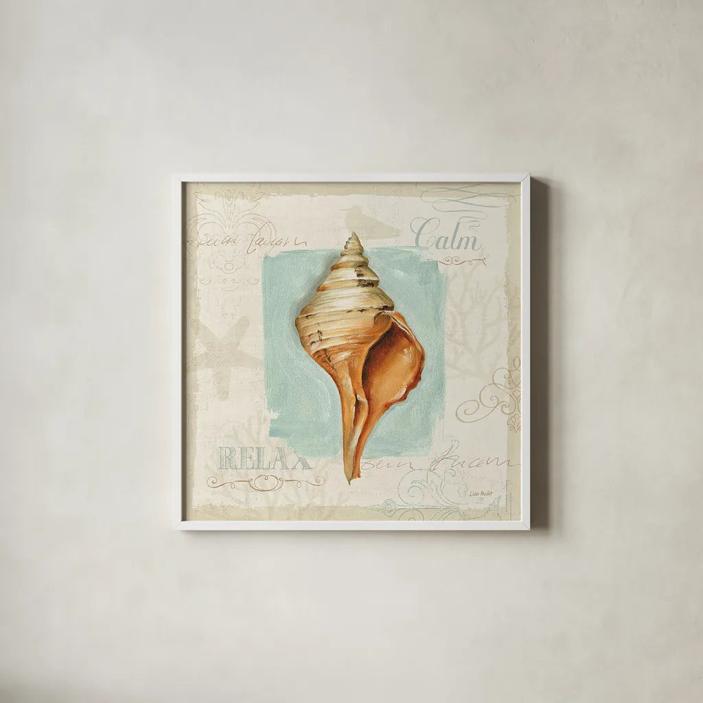 Coastal Jewels I by Lisa Audit. Shown in a crisp white glass frame for a clean and minimalist style. Available as an archival giclee rolled canvas, fine art paper, or poster print. SKU 15230a.