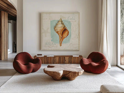 Coastal Jewels I by Lisa Audit. Shown as extra-large giant wall art in a modern living room. Available as an archival giclee rolled canvas, fine art paper, or poster print. SKU 15230a.