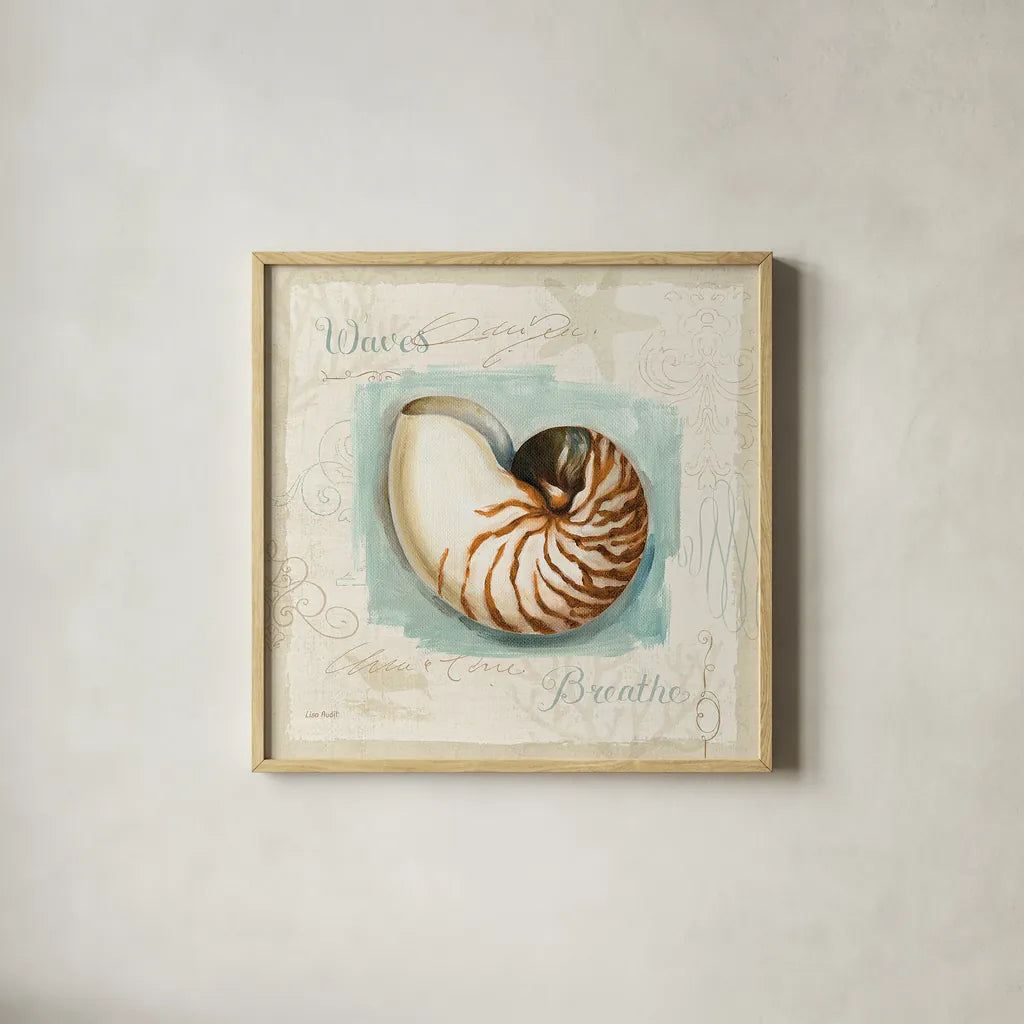 Coastal Jewels II by Lisa Audit. Shown in a natural wood glass frame for a timeless modern aesthetic. Available as an archival giclee rolled canvas, fine art paper, or poster print. SKU 15231a.