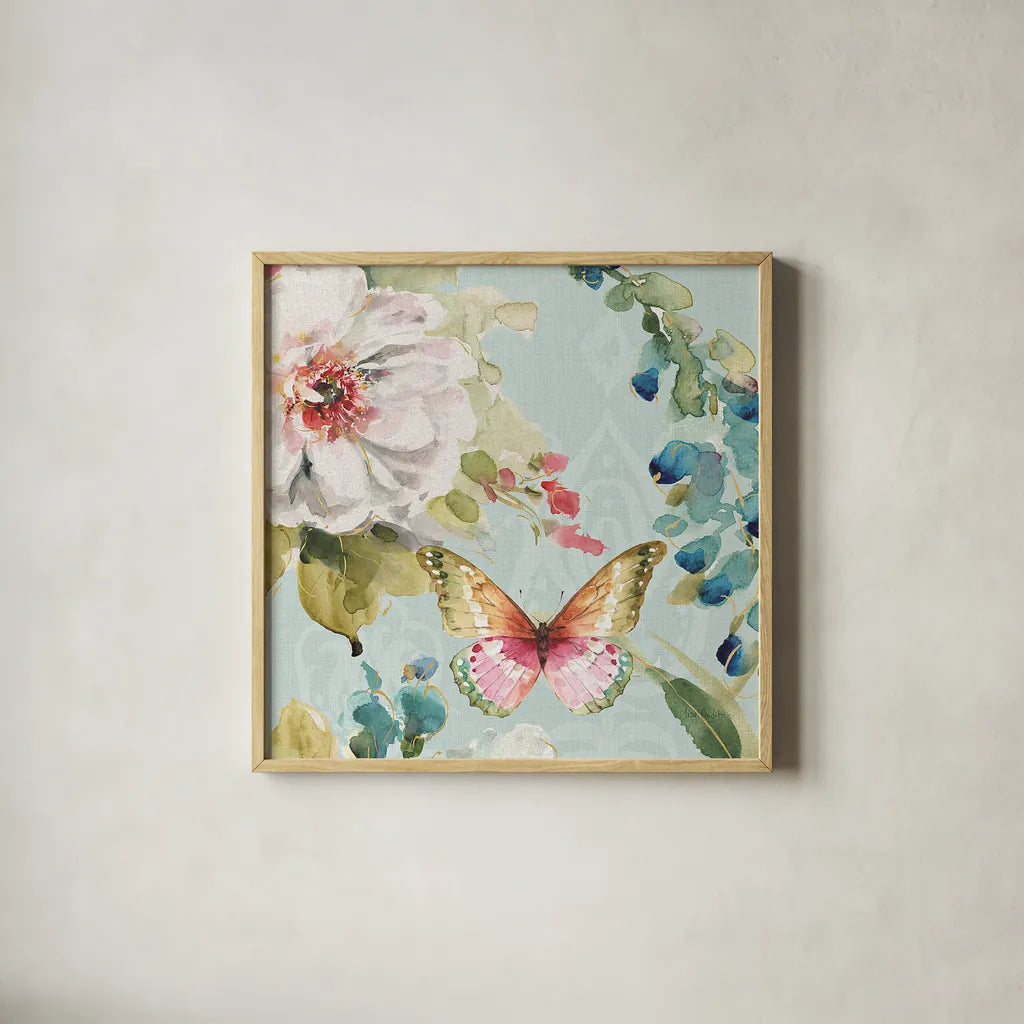 Colorful Breeze IV by Lisa Audit. Shown in a natural wood glass frame for a timeless modern aesthetic. Available as an archival giclee rolled canvas, fine art paper, or poster print. SKU 24153a.