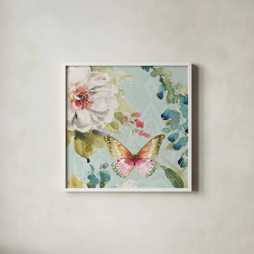 Colorful Breeze IV by Lisa Audit. Shown in a crisp white glass frame for a clean and minimalist style. Available as an archival giclee rolled canvas, fine art paper, or poster print. SKU 24153a.
