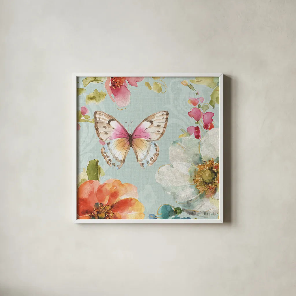 Colorful Breeze V by Lisa Audit. Shown in a crisp white glass frame for a clean and minimalist style. Available as an archival giclee rolled canvas, fine art paper, or poster print. SKU 24154a.