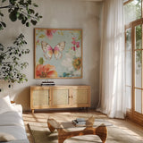 Colorful Breeze V by Lisa Audit. Shown in a natural wood frame in a cozy modern living room. Available as an archival giclee rolled canvas, fine art paper, or poster print. SKU 24154a.