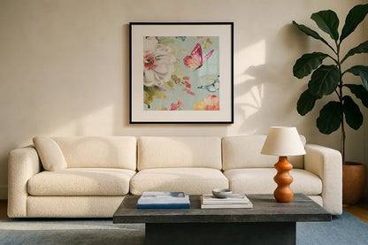 Colorful Breeze VI Crop by Lisa Audit. Displayed in a glass frame with matte in a clean modern living room. Available as an archival giclee rolled canvas, fine art paper, or poster print. SKU 24155a.