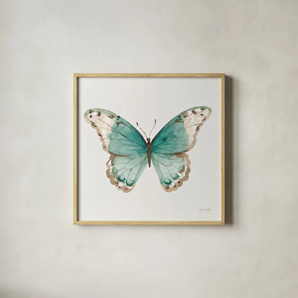 Colorful Breeze XII with Teal by Lisa Audit. Shown in a natural wood glass frame for a timeless modern aesthetic. Available as an archival giclee rolled canvas, fine art paper, or poster print. SKU 25910a.