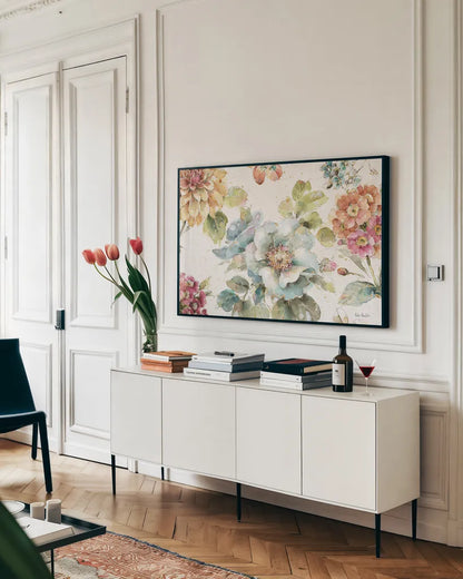 Country Bloom I by Lisa Audit. shown as a framed stretched canvas in a living room above a console. Available as a archival giclee rolled canvas, fine art paper, or poster print. SKU 30022i.