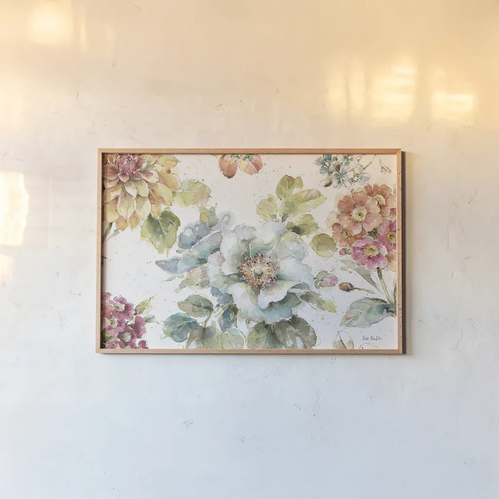 Country Bloom I by Lisa Audit. shown as a paper print in a natural frame. Available as a archival giclee rolled canvas, fine art paper, or poster print. SKU 30022i.