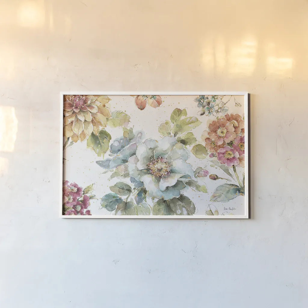 Country Bloom I by Lisa Audit. shown as a paper print in a white frame. Available as a archival giclee rolled canvas, fine art paper, or poster print. SKU 30022i.