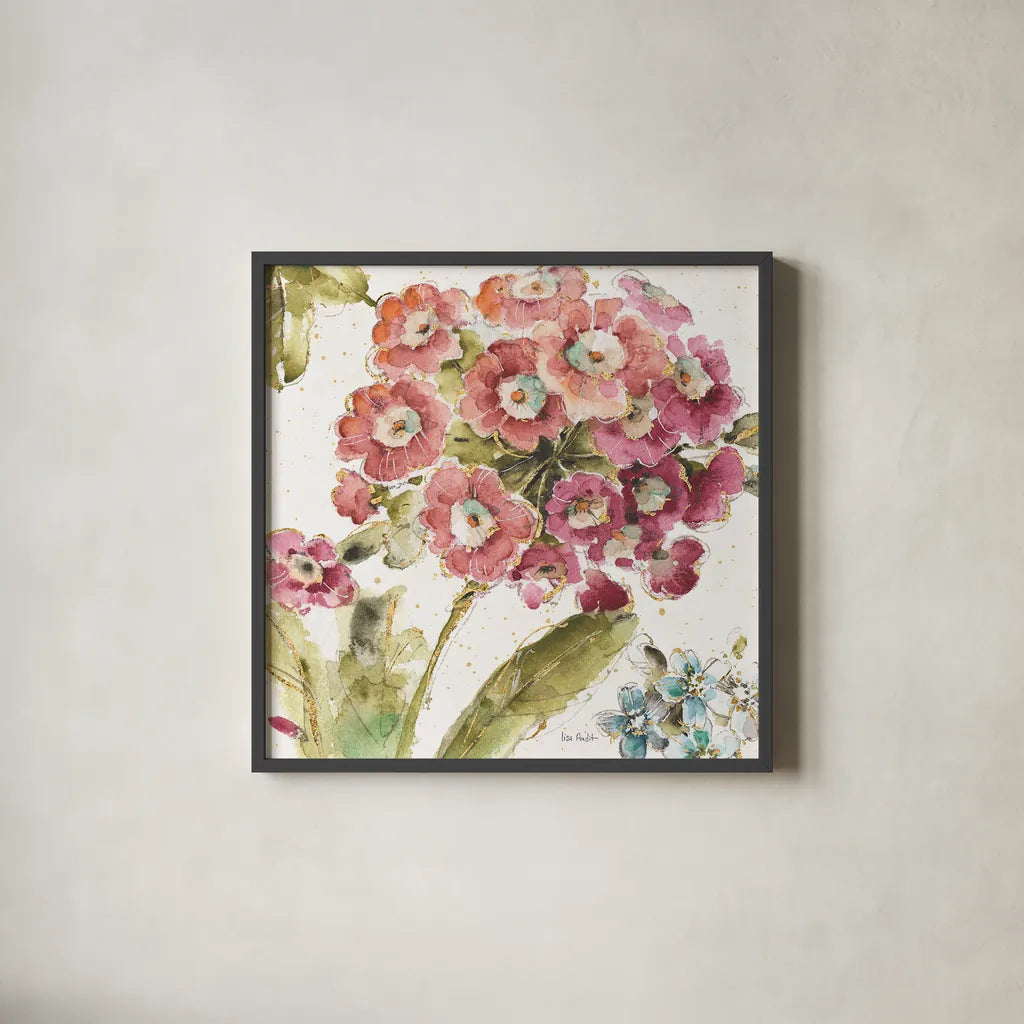Country Bloom IV by Lisa Audit. Shown in a sleek black glass frame for a contemporary gallery look. Available as an archival giclee rolled canvas, fine art paper, or poster print. SKU 30025a.
