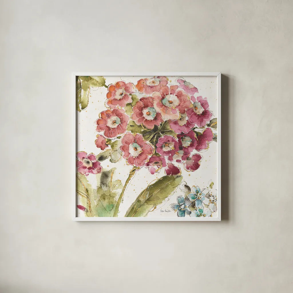 Country Bloom IV by Lisa Audit. Shown in a crisp white glass frame for a clean and minimalist style. Available as an archival giclee rolled canvas, fine art paper, or poster print. SKU 30025a.