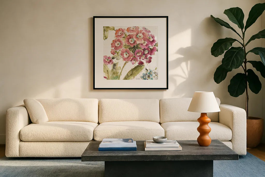 Country Bloom IV by Lisa Audit. Displayed in a glass frame with matte in a clean modern living room. Available as an archival giclee rolled canvas, fine art paper, or poster print. SKU 30025a.