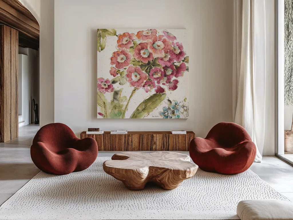 Country Bloom IV by Lisa Audit. Shown as extra-large giant wall art in a modern living room. Available as an archival giclee rolled canvas, fine art paper, or poster print. SKU 30025a.
