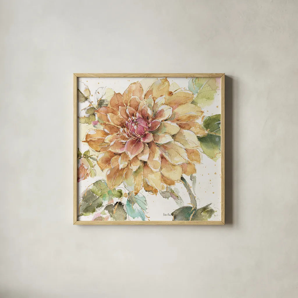 Country Bloom V by Lisa Audit. Shown in a natural wood glass frame for a timeless modern aesthetic. Available as an archival giclee rolled canvas, fine art paper, or poster print. SKU 30026a.
