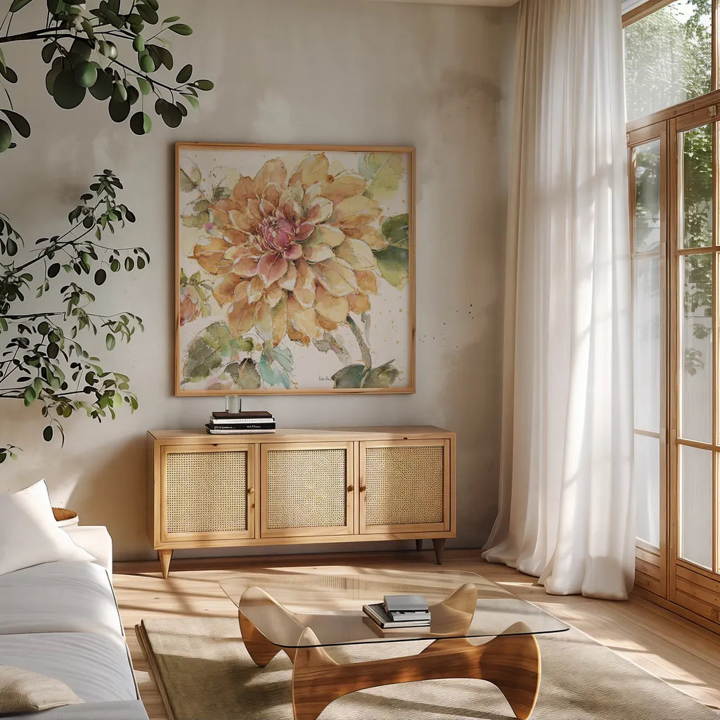 Country Bloom V by Lisa Audit. Shown in a natural wood frame in a cozy modern living room. Available as an archival giclee rolled canvas, fine art paper, or poster print. SKU 30026a.