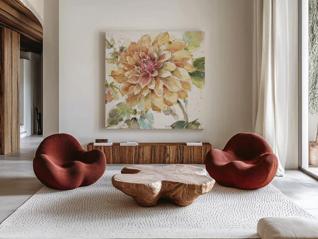 Country Bloom V by Lisa Audit. Shown as extra-large giant wall art in a modern living room. Available as an archival giclee rolled canvas, fine art paper, or poster print. SKU 30026a.