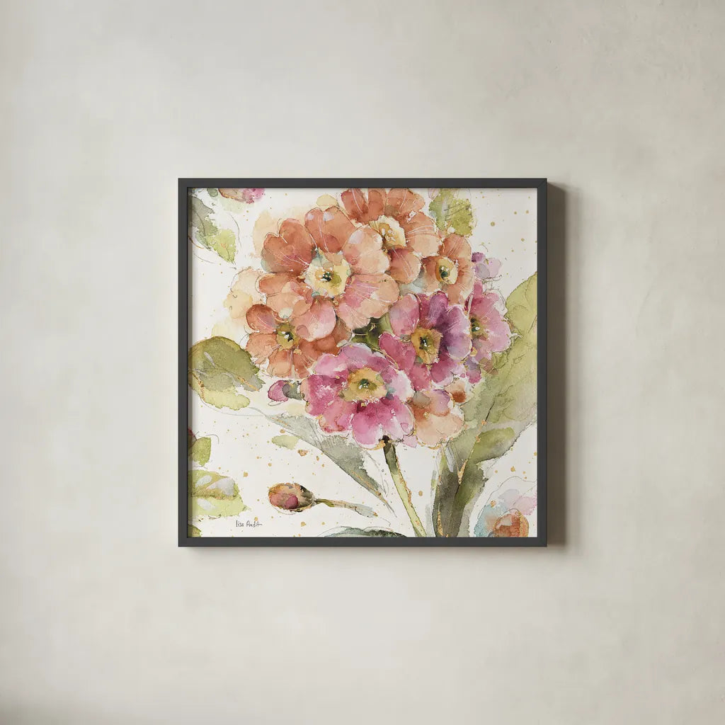 Country Bloom VI by Lisa Audit. Shown in a sleek black glass frame for a contemporary gallery look. Available as an archival giclee rolled canvas, fine art paper, or poster print. SKU 30027a.