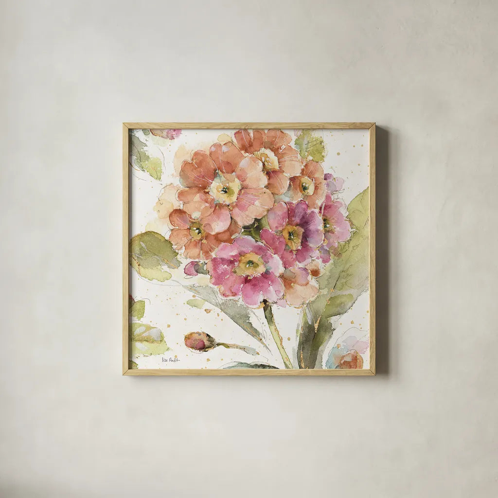 Country Bloom VI by Lisa Audit. Shown in a natural wood glass frame for a timeless modern aesthetic. Available as an archival giclee rolled canvas, fine art paper, or poster print. SKU 30027a.