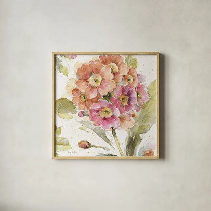 Country Bloom VI by Lisa Audit. Shown in a natural wood glass frame for a timeless modern aesthetic. Available as an archival giclee rolled canvas, fine art paper, or poster print. SKU 30027a.