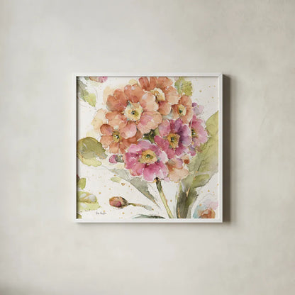 Country Bloom VI by Lisa Audit. Shown in a crisp white glass frame for a clean and minimalist style. Available as an archival giclee rolled canvas, fine art paper, or poster print. SKU 30027a.