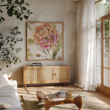 Country Bloom VI by Lisa Audit. Shown in a natural wood frame in a cozy modern living room. Available as an archival giclee rolled canvas, fine art paper, or poster print. SKU 30027a.