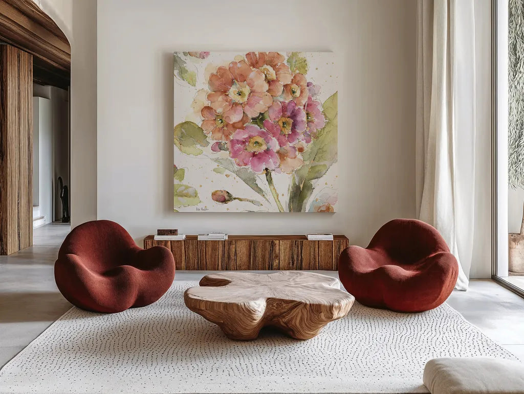 Country Bloom VI by Lisa Audit. Shown as extra-large giant wall art in a modern living room. Available as an archival giclee rolled canvas, fine art paper, or poster print. SKU 30027a.