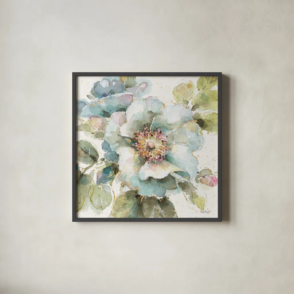 Country Bloom VII by Lisa Audit. Shown in a sleek black glass frame for a contemporary gallery look. Available as an archival giclee rolled canvas, fine art paper, or poster print. SKU 30028a.