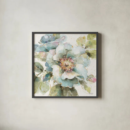 Country Bloom VII by Lisa Audit. Shown in a sleek black glass frame for a contemporary gallery look. Available as an archival giclee rolled canvas, fine art paper, or poster print. SKU 30028a.