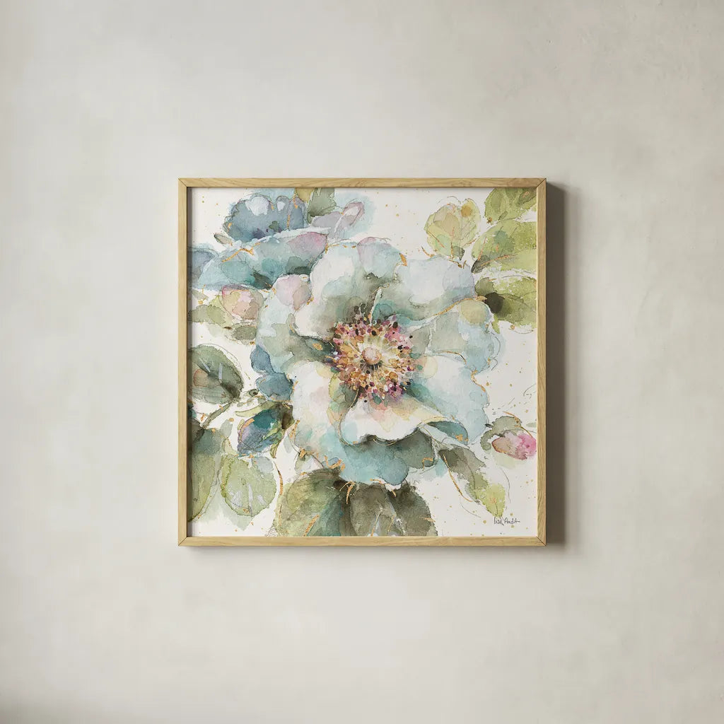 Country Bloom VII by Lisa Audit. Shown in a natural wood glass frame for a timeless modern aesthetic. Available as an archival giclee rolled canvas, fine art paper, or poster print. SKU 30028a.