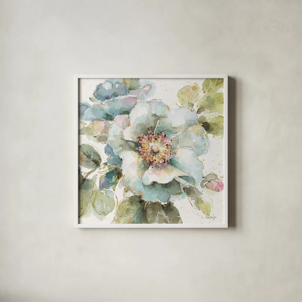 Country Bloom VII by Lisa Audit. Shown in a crisp white glass frame for a clean and minimalist style. Available as an archival giclee rolled canvas, fine art paper, or poster print. SKU 30028a.