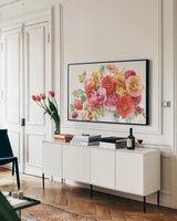 Country Fresh I by Lisa Audit. shown as a framed stretched canvas in a living room above a console. Available as a archival giclee rolled canvas, fine art paper, or poster print. SKU 42078i.