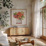 Country Fresh V by Lisa Audit. Shown in a natural wood frame in a cozy modern living room. Available as an archival giclee rolled canvas, fine art paper, or poster print. SKU 42082a.