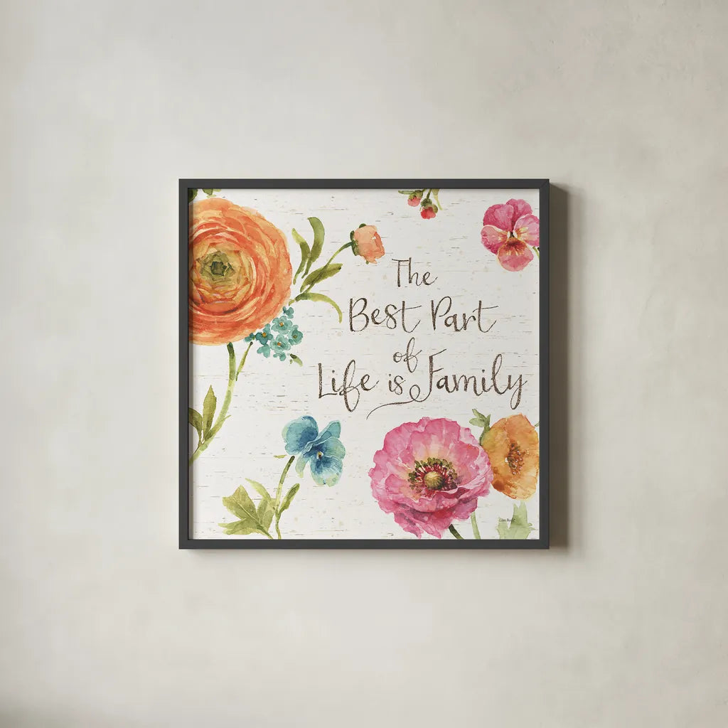 Country Fresh X Family by Lisa Audit. Shown in a sleek black glass frame for a contemporary gallery look. Available as an archival giclee rolled canvas, fine art paper, or poster print. SKU 44963a.