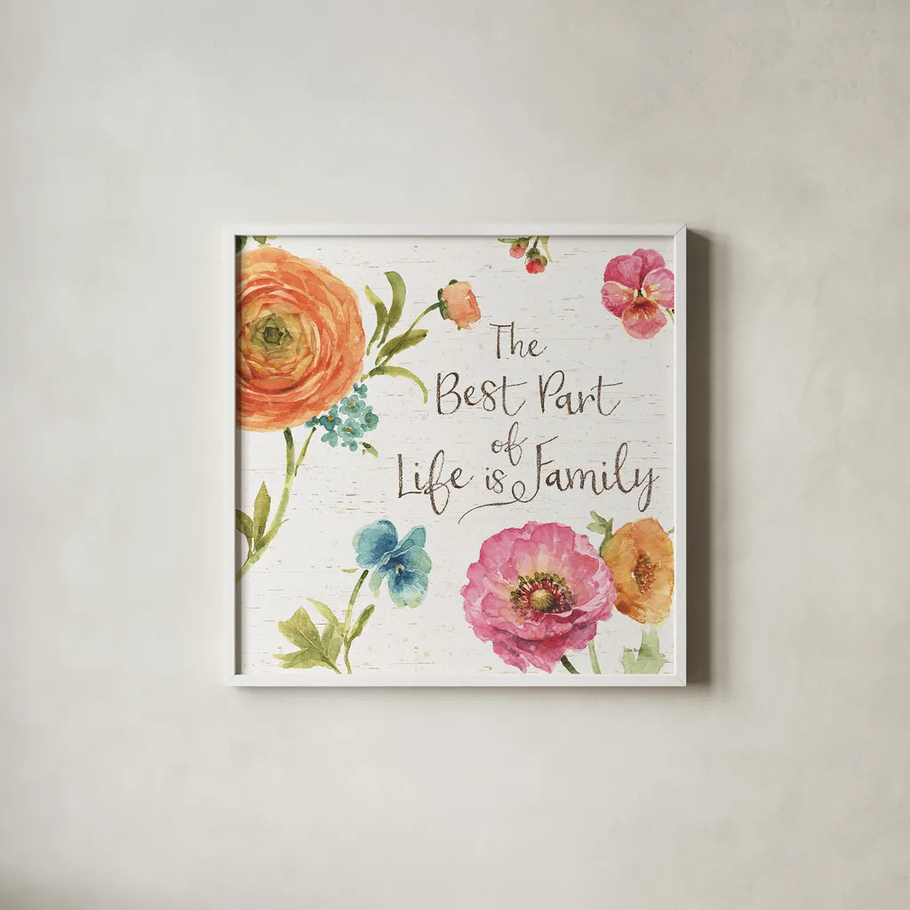 Country Fresh X Family by Lisa Audit. Shown in a crisp white glass frame for a clean and minimalist style. Available as an archival giclee rolled canvas, fine art paper, or poster print. SKU 44963a.