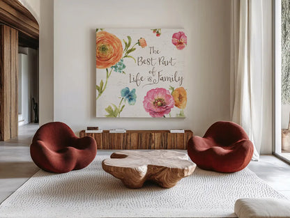 Country Fresh X Family by Lisa Audit. Shown as extra-large giant wall art in a modern living room. Available as an archival giclee rolled canvas, fine art paper, or poster print. SKU 44963a.