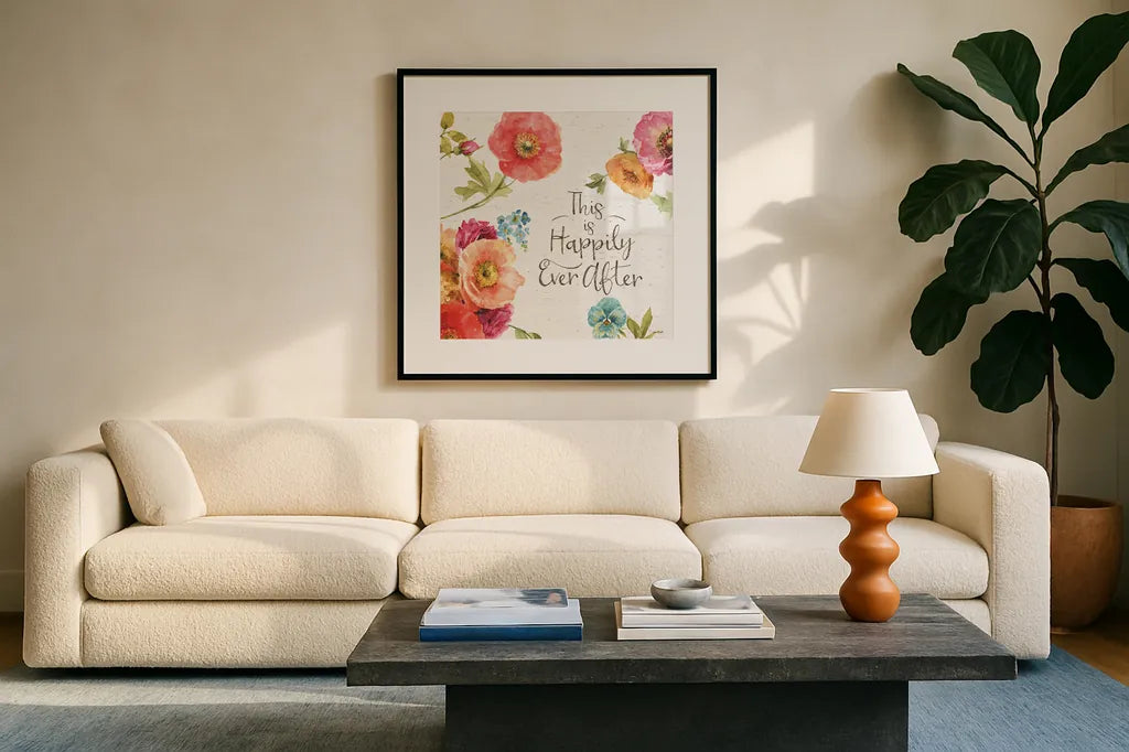 Country Fresh XII by Lisa Audit. Displayed in a glass frame with matte in a clean modern living room. Available as an archival giclee rolled canvas, fine art paper, or poster print. SKU 42089a.